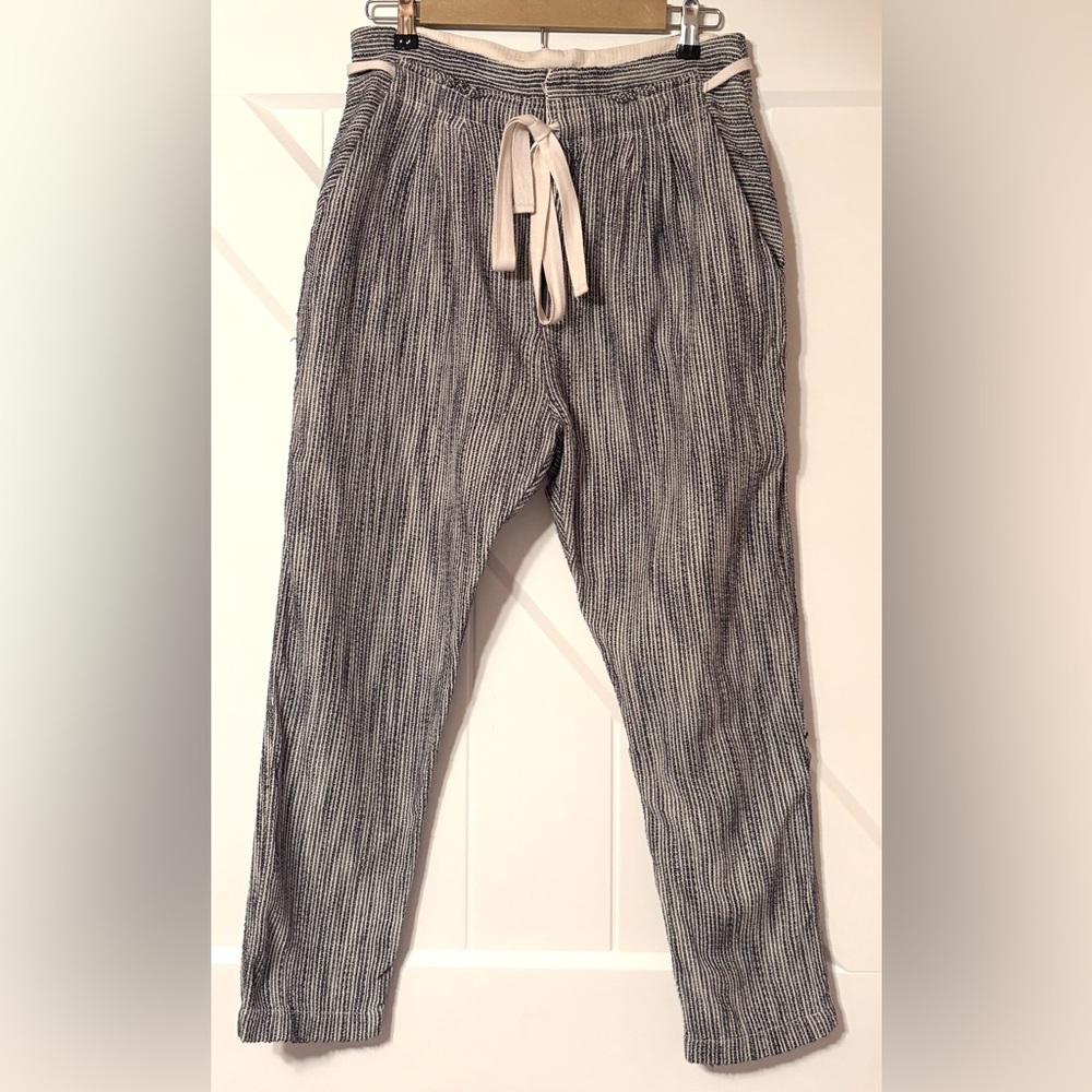 Free People Striped Paperbag Waist Cropped Ankle Pants Navy Cream Tie Waist